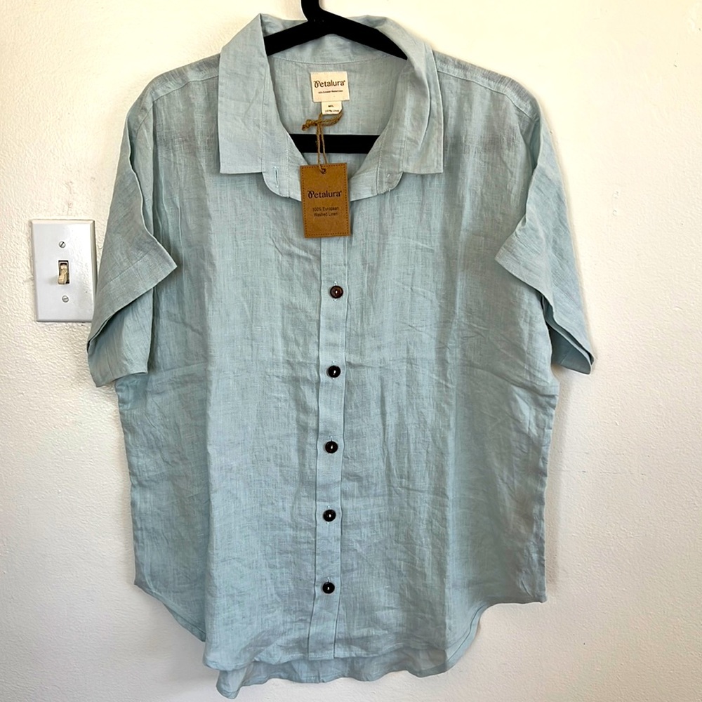 Petalura Pale Blue Linen Button Front Shirt Size M/L NWT